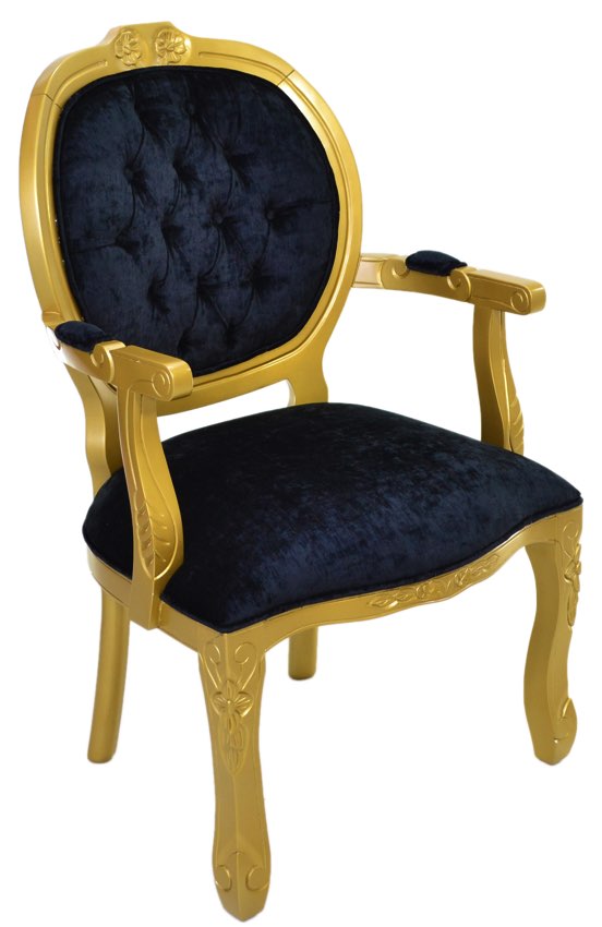 cadeira medalhão entalhada dourada co veludo brilhante preto
